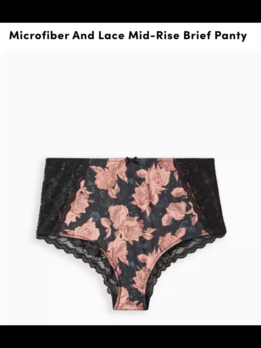 torrid Black Brief Panty with Pink Rose Print and Lace Trim